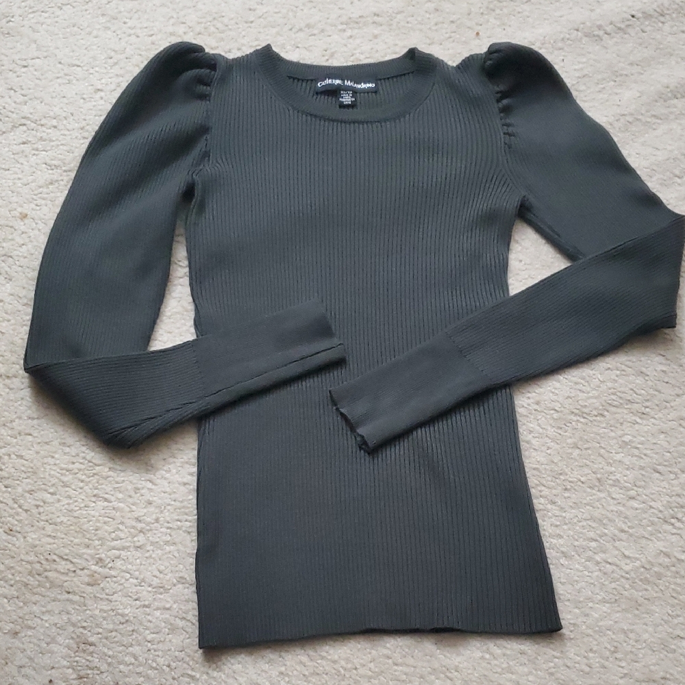 Catherine Malandrino, Forest Green Ribbed Puff-Sleeve Women's Top, NEW